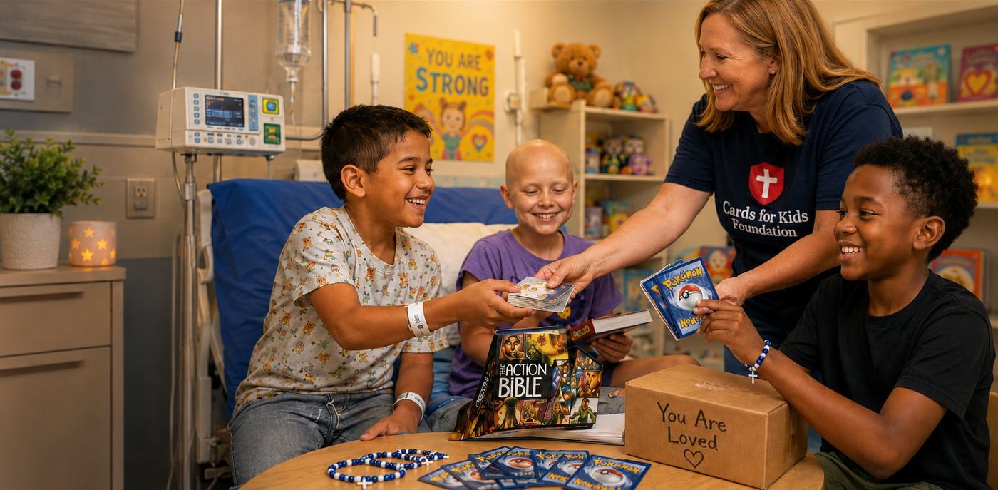 Cards for Kids Foundation volunteer sharing Pokemon cards and an Action Bible with children, bringing smiles and hope during a difficult time