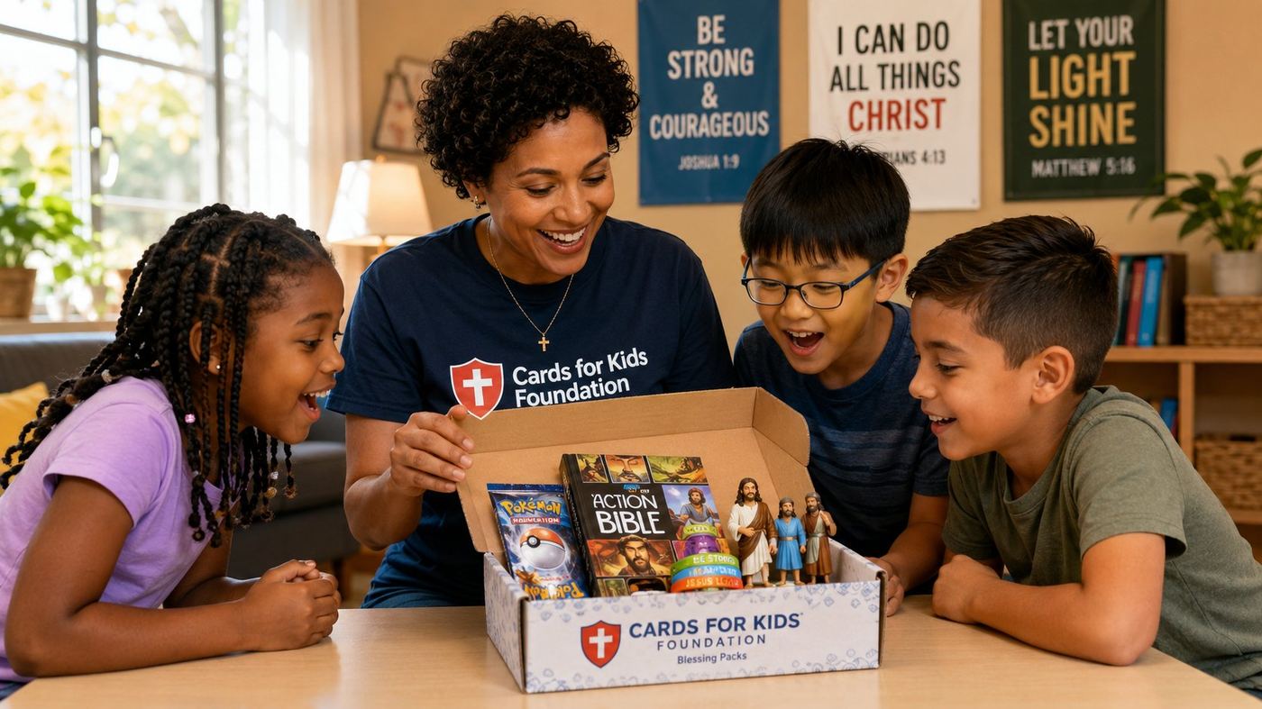 Cards for Kids Foundation volunteer opening a blessing box with Pokemon cards, Action Bible, and Jesus figurines for excited children