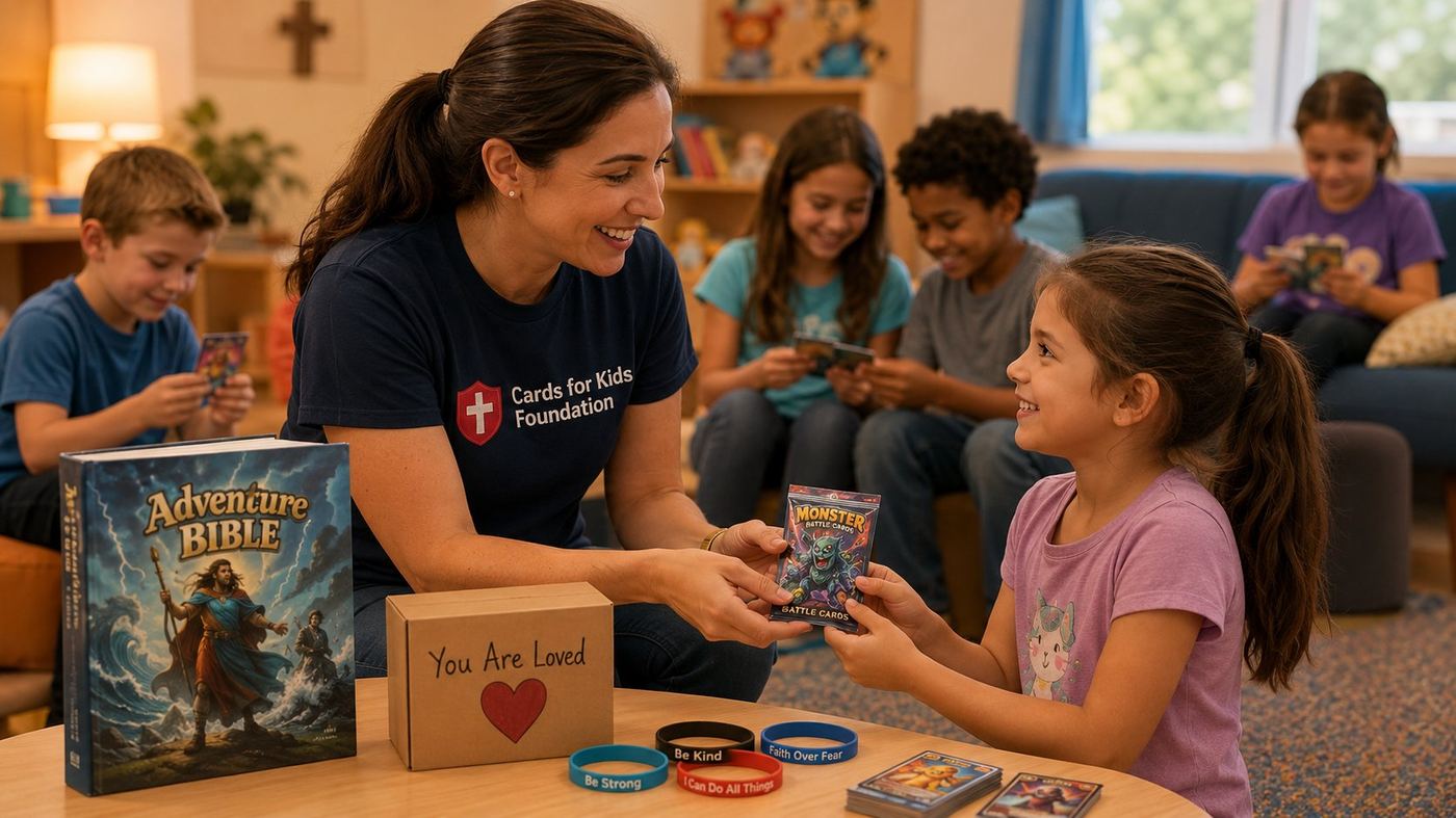 Cards for Kids Foundation volunteer handing a card pack to a young girl at a community shelter, with other children smiling in the background